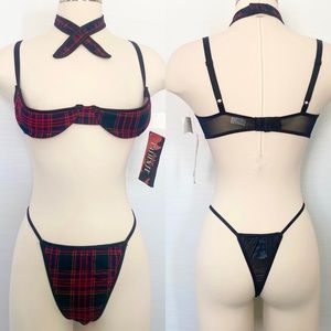 90s Sexy Preppy Red Plaid Bra Panties 3pc Set Choker Collar Cosplay Vintage NWT